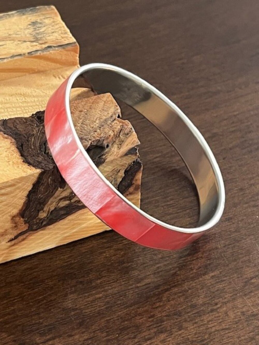 Bangle Bracelet Silver Tone Metal Pink Inlay Minimalist